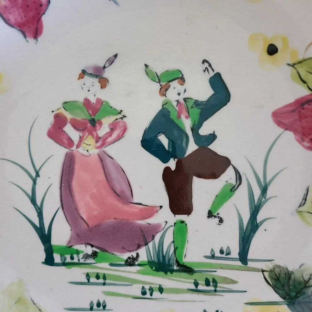Vintage European Folk Art Handpainted Bowl - Dancing Man and Woman, Strawberries